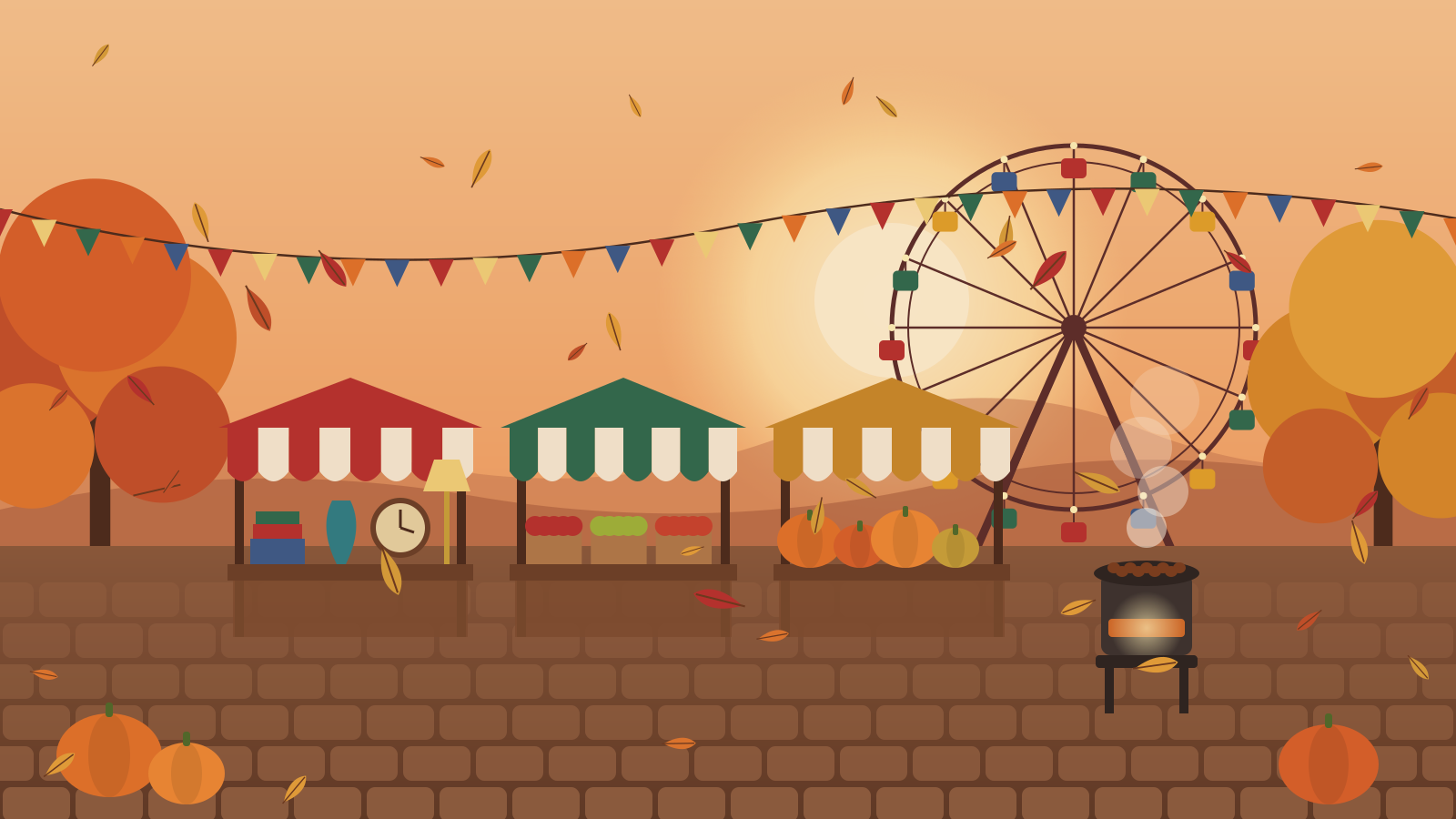 Illustration d’une foire d’automne au coucher du soleil.